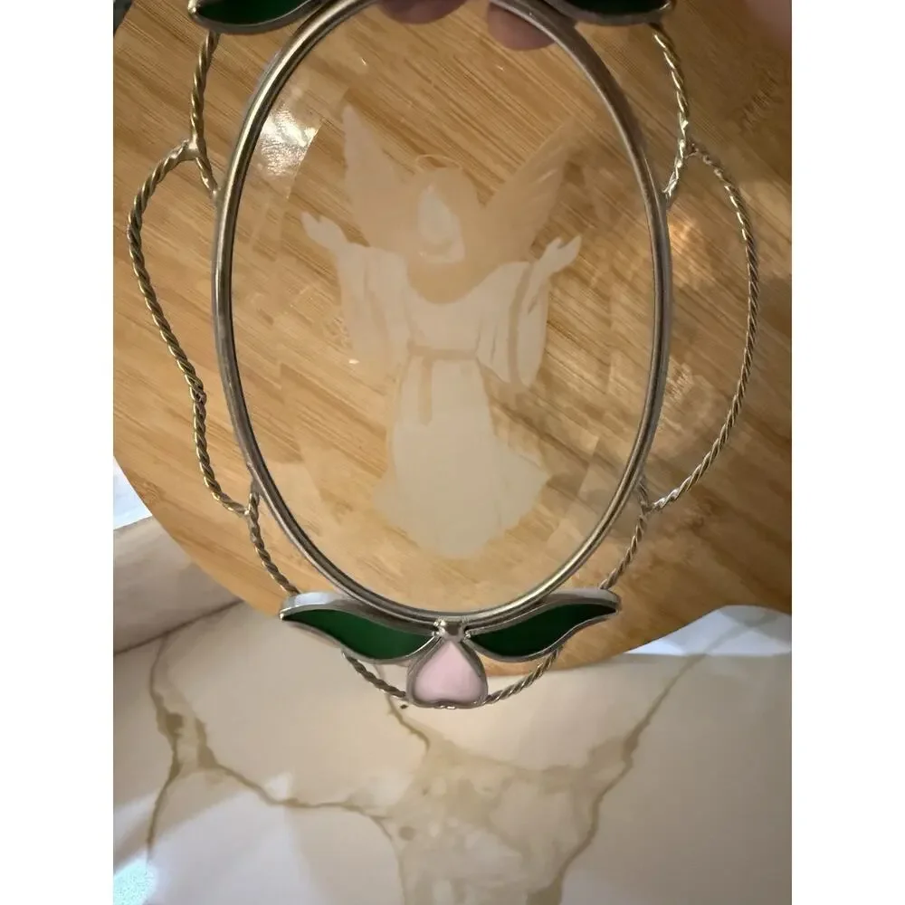 Stained Leaded Glass Hanging Window Panel Angel 9x6” Suncatcher Silver Lead